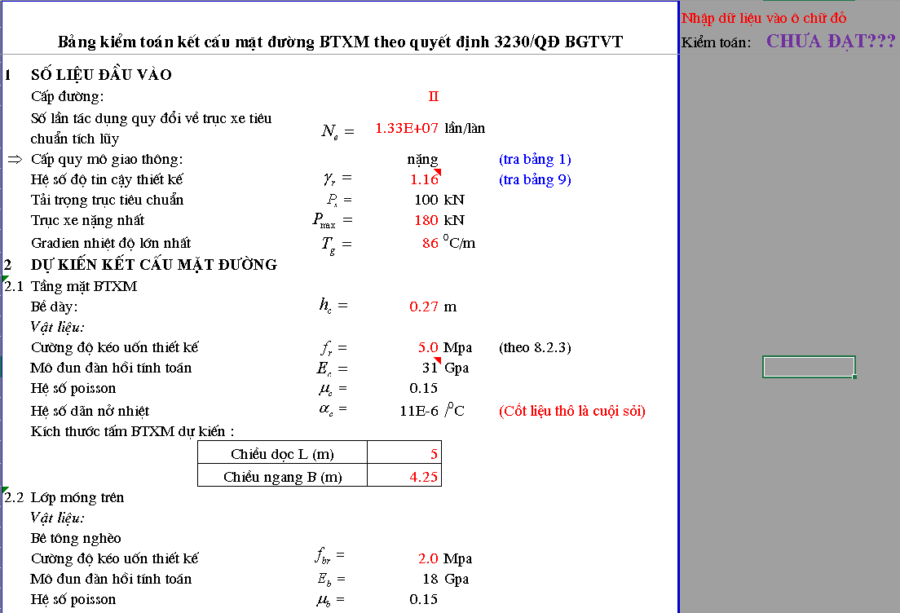 File Excel tính toán kết cấu áo đường cứng số liệu