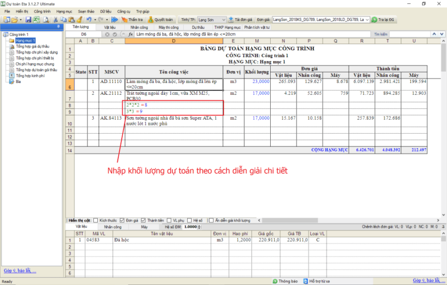 nhập khối lượng dự toán