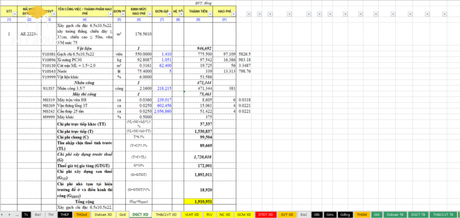 Bảng dự toán sửa chữa nhà file excel