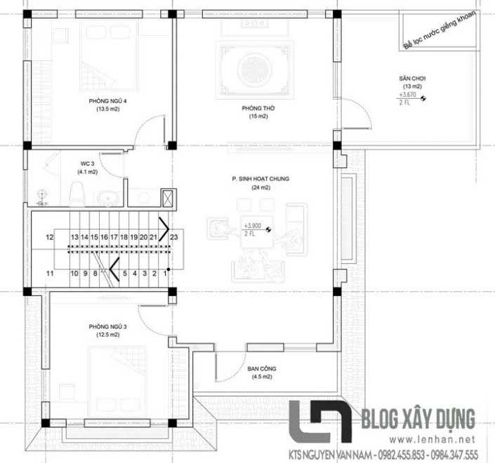 Bản vẽ mặt bằng tầng 2 căn biệt thự 3 tầng