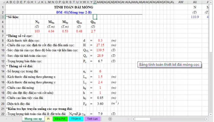 Bảng tính toán thiết kế đài móng cọc