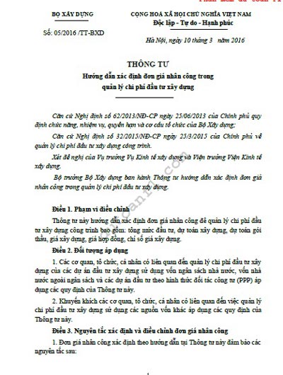 TT 05/2016/TT – BXD Hướng dẫn xác định đơn giá nhân công trong quản lý chi phí đầu tƣ xây dựng