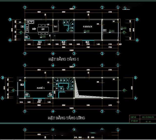 Bản vẽ mẫu nhà phố 3 tầng kiến trúc lệch