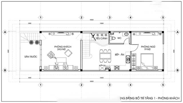 Bản vẽ mẫu nhà phố kiến trúc mặt bằng kích thước 5 x 15m