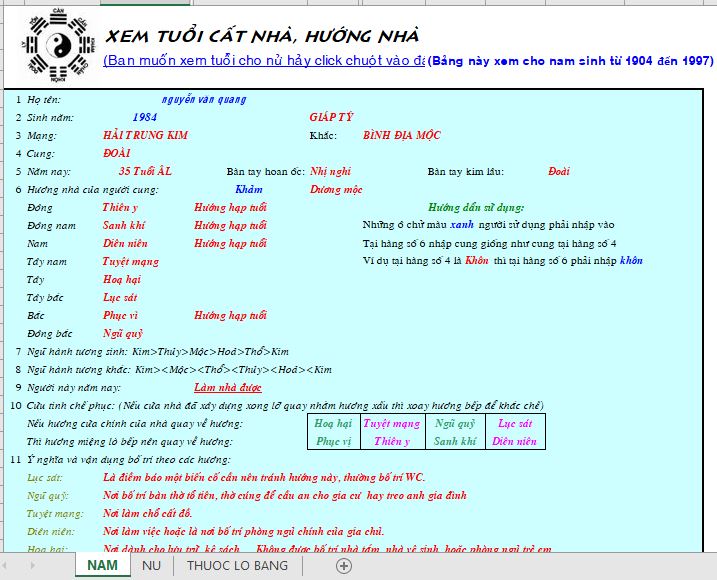 Chương trình excel xem tuổi cất nhà, hướng nhà