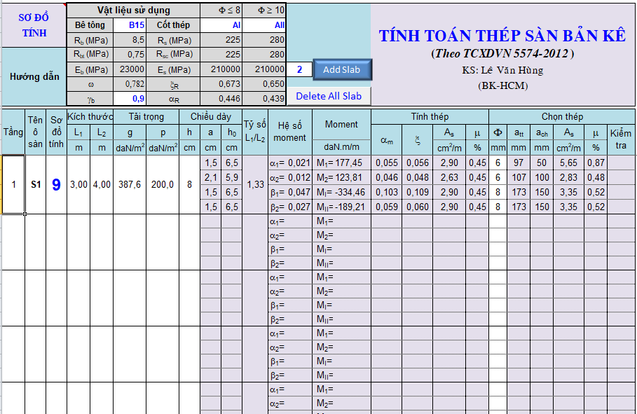 Bảng tính thép sàn theo TCXDVN 5574-2012