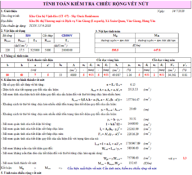 EXCEL TÍNH TOÁN BỀ RỘNG VẾT NỨT CHO CẤU KIỆN CHỊU UỐN – TCVN 5574:2018