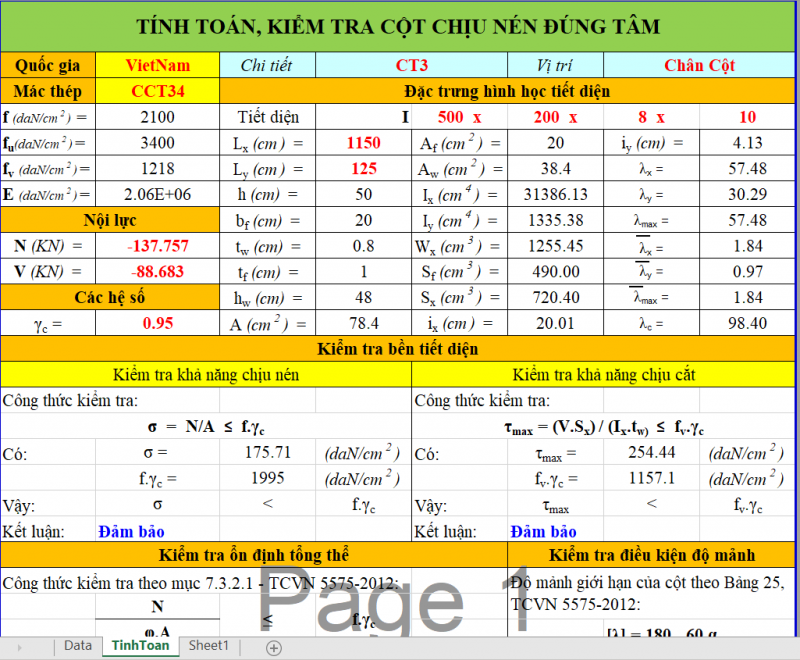 Mẫu thuyết minh tính toán kết cấu trên excel