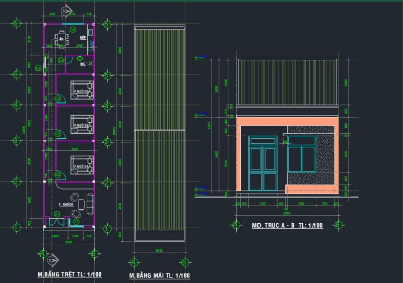 Bản vẽ Nhà cấp 4 đầy đủ chức năng sử dụng mặt bằng, mặt cắt, mặt đứng