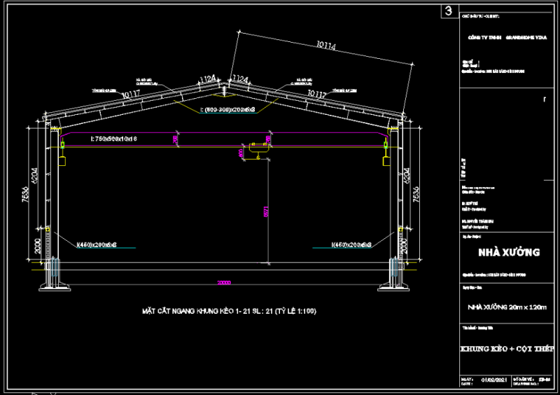Thiết kế chi tiết nhà xưởng 20x120m file Autocad